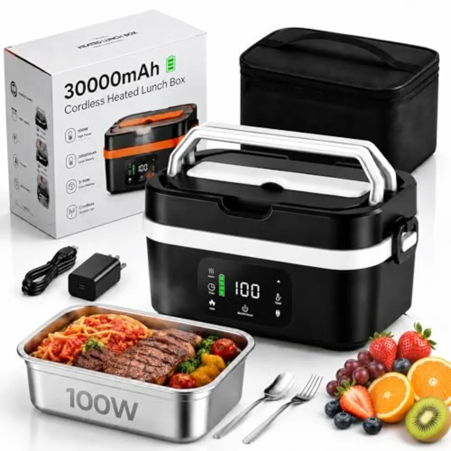 Cordless Heated Lunch Box for Office Travel Camping Jobsites, Stainless Steel, Black, 30000mAh Battery with 100W Fast Auto-Sche
Cordless Heated Lunch Box for Office Travel Camping Jobsites, Stainless Steel, Black, 30000mAh Battery with 100W Fast Auto-Sche