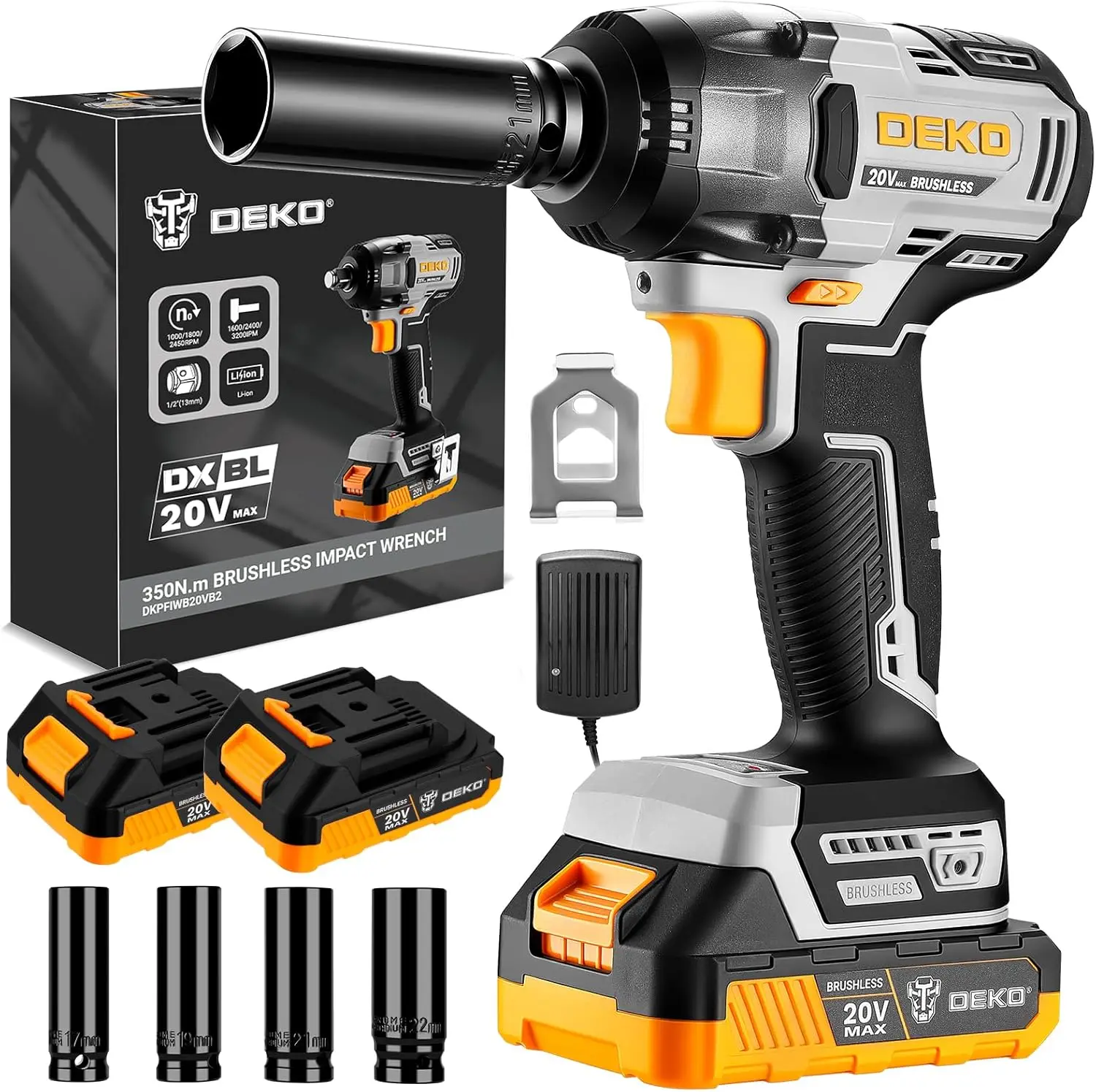 258ft-lbs Brushless Impact Wrench, 1/2" Cordless with 2x2.0Ah Battery, 4 Sockets, LED Light for Car Home
258ft-lbs Brushless Impact Wrench, 1/2" Cordless with 2x2.0Ah Battery, 4 Sockets, LED Light for Car Home