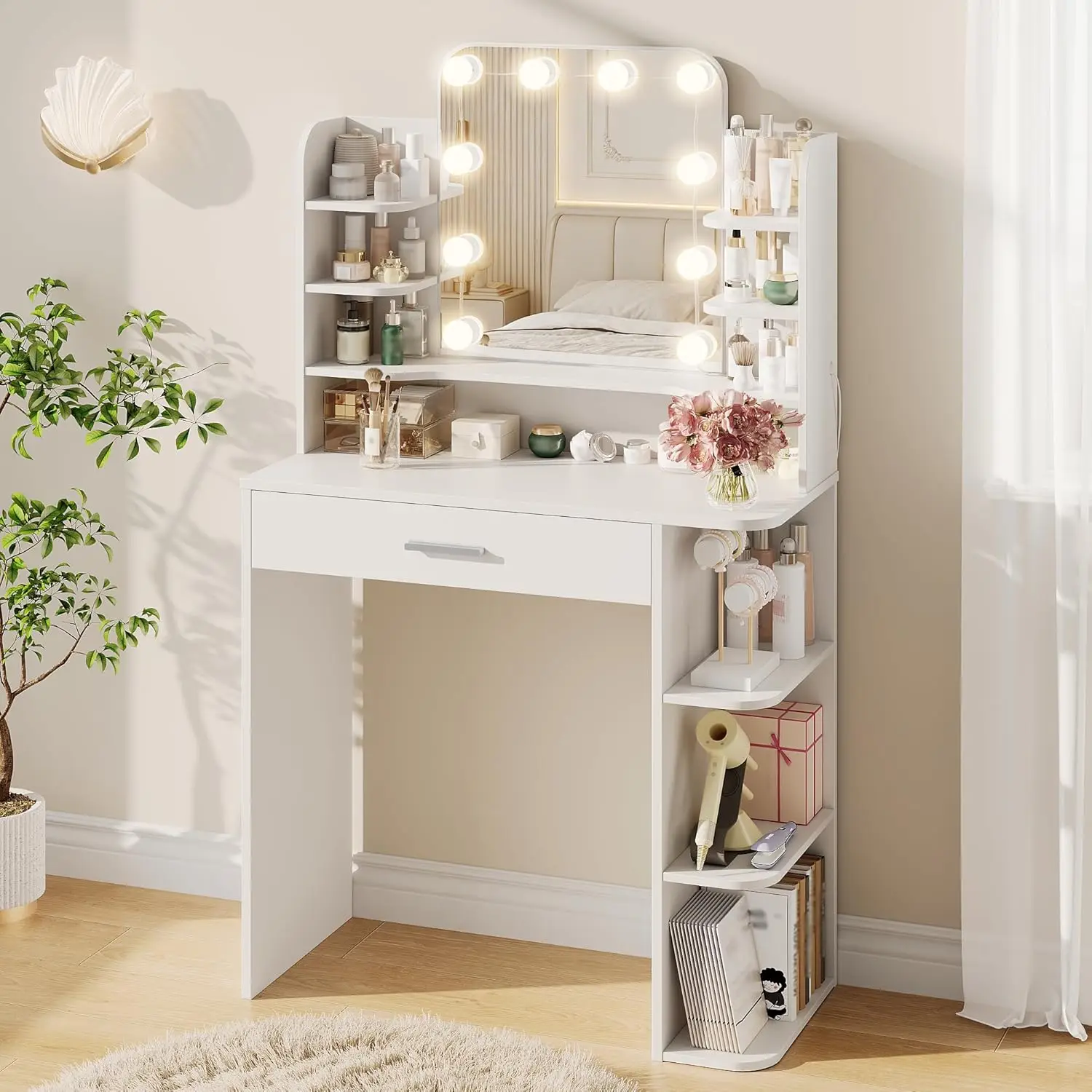 31" Vanity Desk with Mirror & Lights, 8 Shelves Big Drawer 3-Color Lighting, Bedroom Dressing Table, White, Customized
31" Vanity Desk with Mirror & Lights, 8 Shelves Big Drawer 3-Color Lighting, Bedroom Dressing Table, White, Customized