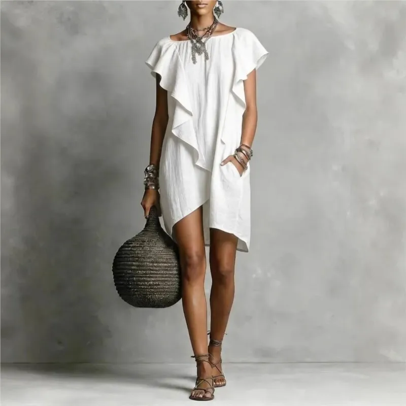 Summer Simple Style Mini Dress Women's Fashion O-neck With Ruffle Edge Splicing Design Loose Dresses Ladies Vacation Vestidos
Summer Simple Style Mini Dress Women's Fashion O-neck With Ruffle Edge Splicing Design Loose Dresses Ladies Vacation Vestidos