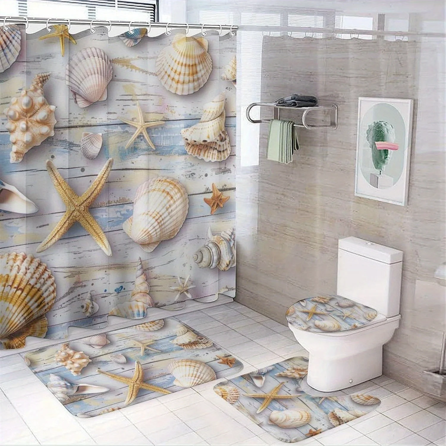 4pc Modern ocean shell bathroom set, polyester fabric, shower curtain, toilet mat, non-slip mat, U-shaped mat
4pc Modern ocean shell bathroom set, polyester fabric, shower curtain, toilet mat, non-slip mat, U-shaped mat