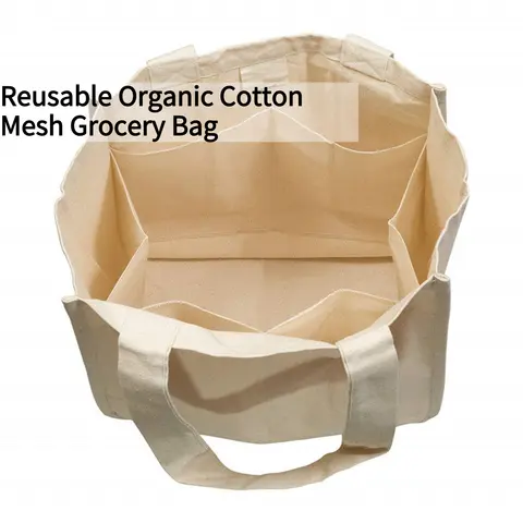 Reusable Organic Cotton Mesh Grocery Bag, with 6 Internal Sleeves, Eco-Friendly Washable, for Fruit & Vegetables Shopping, Lightweight Durable, Essentials for environmentalists,1 Piece