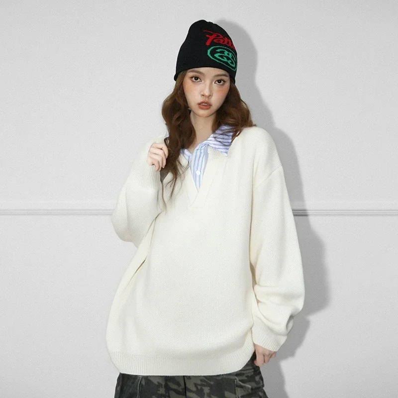 Шикарный вязаный свитер, женский осенний свободный пуловер, свитера в стиле ретро, консервативные рубашки из двух предметов, вязаные женские пуловеры Y2k
Шикарный вязаный свитер, женский осенний свободный пуловер, свитера в стиле ретро, консервативные рубашки из двух предметов, вязаные женские пуловеры Y2k