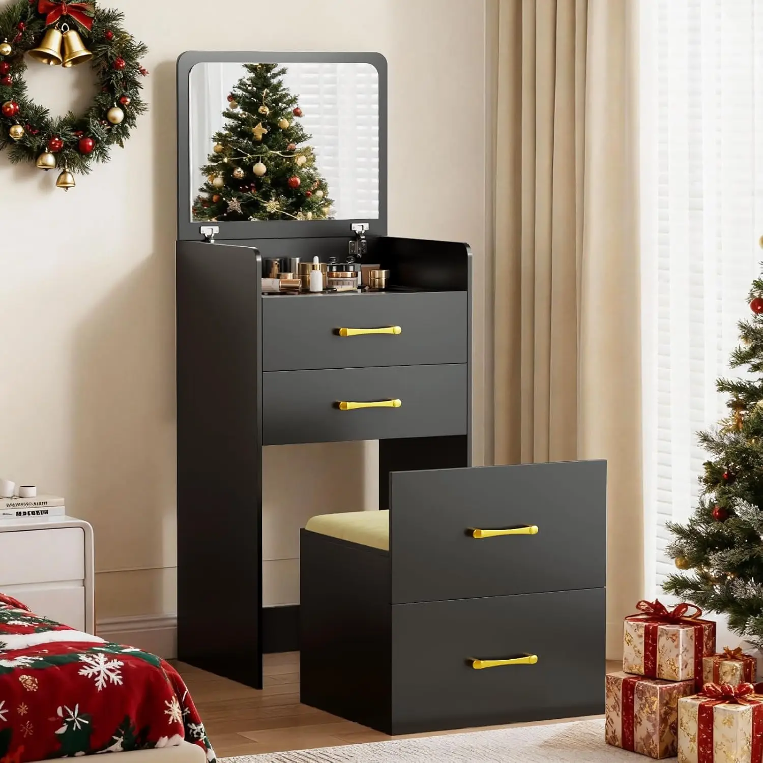 3 in 1 Make Vanity Desk with Flip Top Mirror,Glass Top Makeup Vanity Table with Cushioned Stool,Small Dressing Table with 3 Draw
3 in 1 Make Vanity Desk with Flip Top Mirror,Glass Top Makeup Vanity Table with Cushioned Stool,Small Dressing Table with 3 Draw