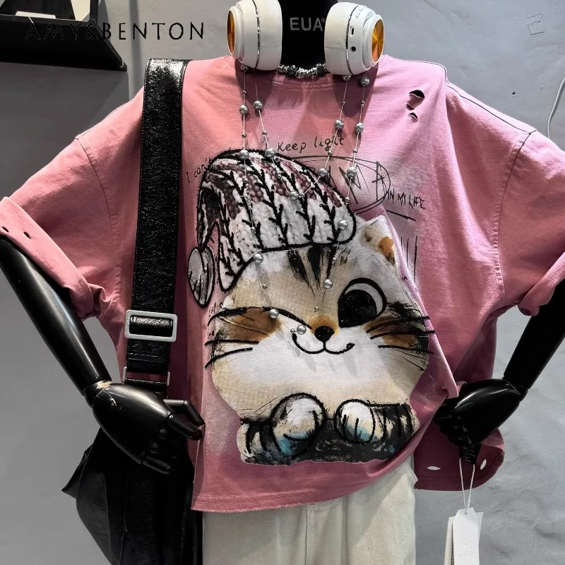 European Style Heavy Industry Cartoon Cat Print Short-sleeved T-shirt Women's 2025 New Chic Loose Medium And Long Top Tshirts
European Style Heavy Industry Cartoon Cat Print Short-sleeved T-shirt Women's 2025 New Chic Loose Medium And Long Top Tshirts