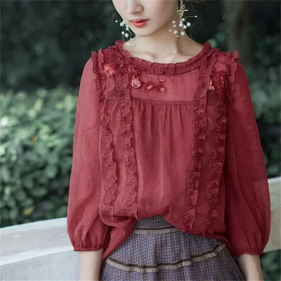 Women's Spring Summer Style Chiffon Blouses Shirt Appliques Decor O-Neck Ruffles Solid Color Korean Casual Tops DF3929
Women's Spring Summer Style Chiffon Blouses Shirt Appliques Decor O-Neck Ruffles Solid Color Korean Casual Tops DF3929