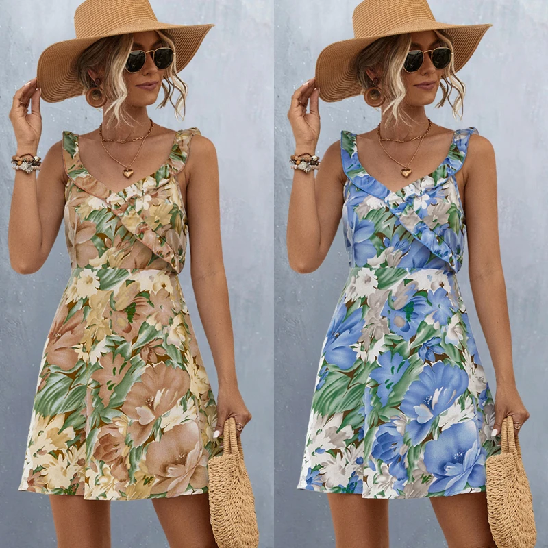 Ins Elegant Floral Print Strap Dresses for Summer's Dress 2024 New Skinny Chic Ruffle V-neck Sexy Backless Mini Dress for Female
Ins Elegant Floral Print Strap Dresses for Summer's Dress 2024 New Skinny Chic Ruffle V-neck Sexy Backless Mini Dress for Female