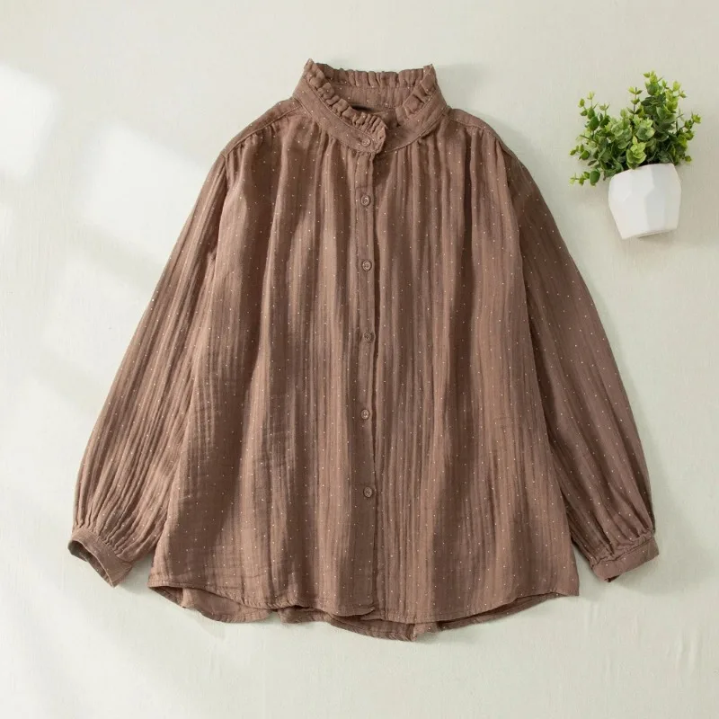 Women's Polka Dot Cotton Linen Blouse, Ruffle Stand Collar Long Sleeve Casual Shirt
Women's Polka Dot Cotton Linen Blouse, Ruffle Stand Collar Long Sleeve Casual Shirt