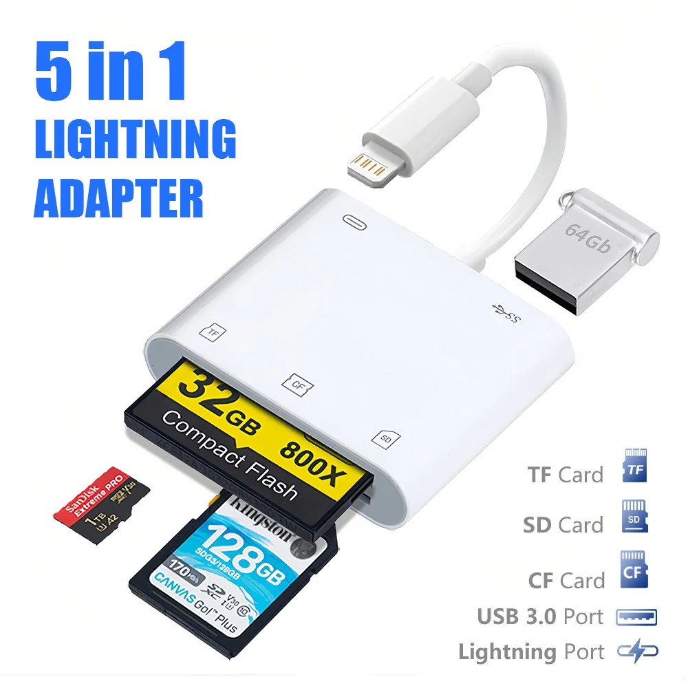 5-in-1 SD Card Reader Lightning to USB 3.0/SD/TF/CF Card Adapter Fast Transfer Charging Card Reader For iPhone 14 13 Pro iPad
5-in-1 SD Card Reader Lightning to USB 3.0/SD/TF/CF Card Adapter Fast Transfer Charging Card Reader For iPhone 14 13 Pro iPad
