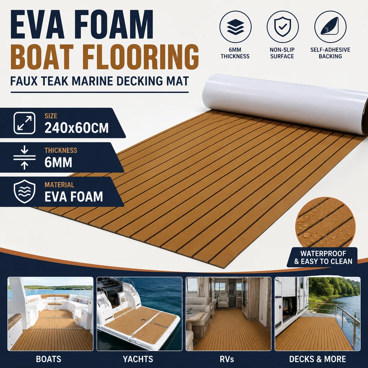 240x60cm Boat Flooring EVA Foam Sheet Faux Teak Marine Decking Mat 6mm Thickness Self-Adhesive Non-Slip Synthetic Carpet for Yacht RV
240x60cm Boat Flooring EVA Foam Sheet Faux Teak Marine Decking Mat 6mm Thickness Self-Adhesive Non-Slip Synthetic Carpet for Yacht RV