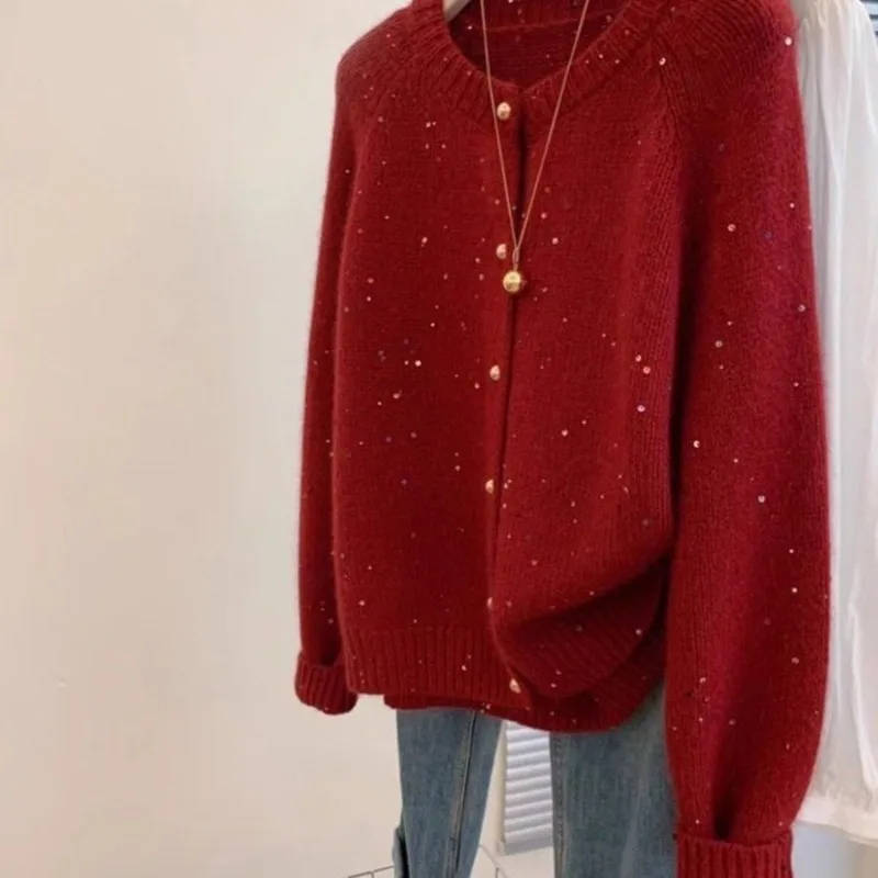 Vintage Sequined O-neck Single Breasted Sweater Mujer Spring Autumn New Knitted Coat Women Y2k Long Sleeve Loose Tops
Vintage Sequined O-neck Single Breasted Sweater Mujer Spring Autumn New Knitted Coat Women Y2k Long Sleeve Loose Tops