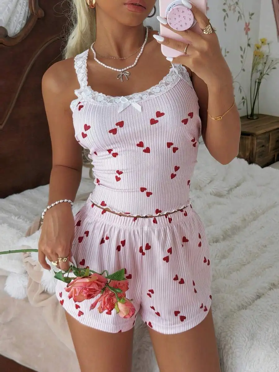 2-Piece Lace Trim Heart Print Ribbed Knit Women Pajama Set
2-Piece Lace Trim Heart Print Ribbed Knit Women Pajama Set