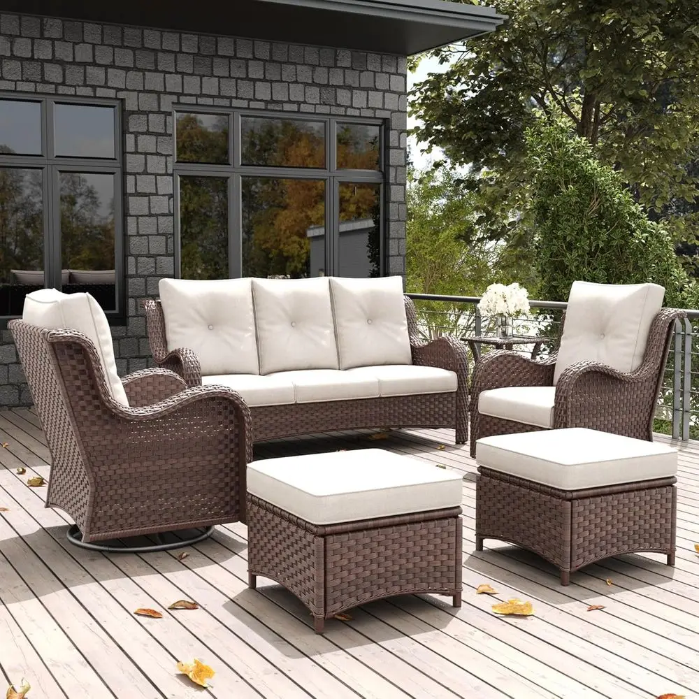 6-Piece Outdoor Patio Furniture Set: Rattan Wicker Sectional with Swivel Rocker Chairs, Ottomans, and Coffee Table
6-Piece Outdoor Patio Furniture Set: Rattan Wicker Sectional with Swivel Rocker Chairs, Ottomans, and Coffee Table