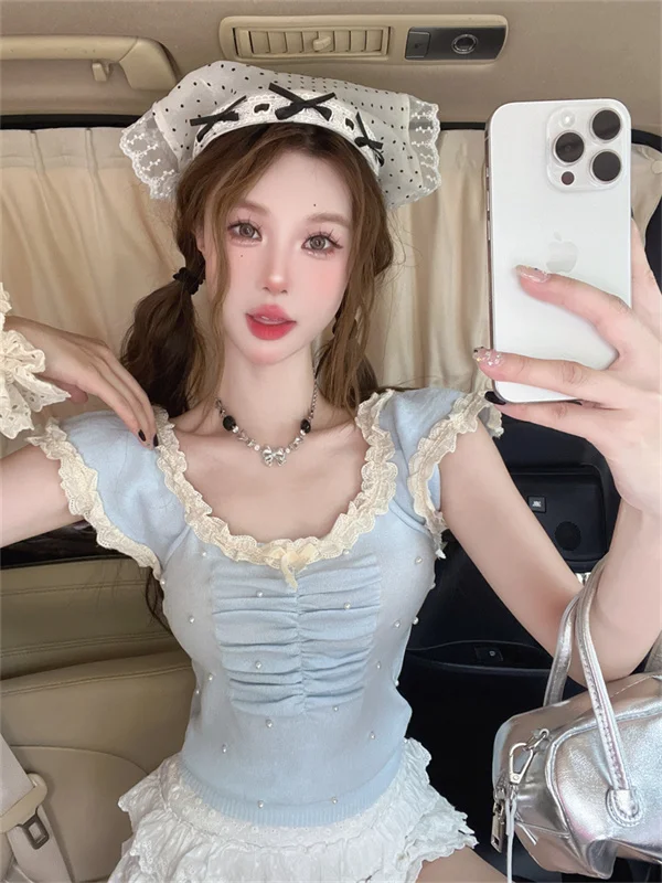 Elegant Lace Trim Short Sleeve Knitwear Women's Slim Fit Summer Top Fashionable Versatile Korean Style Bubble Sleeve Thin
Elegant Lace Trim Short Sleeve Knitwear Women's Slim Fit Summer Top Fashionable Versatile Korean Style Bubble Sleeve Thin