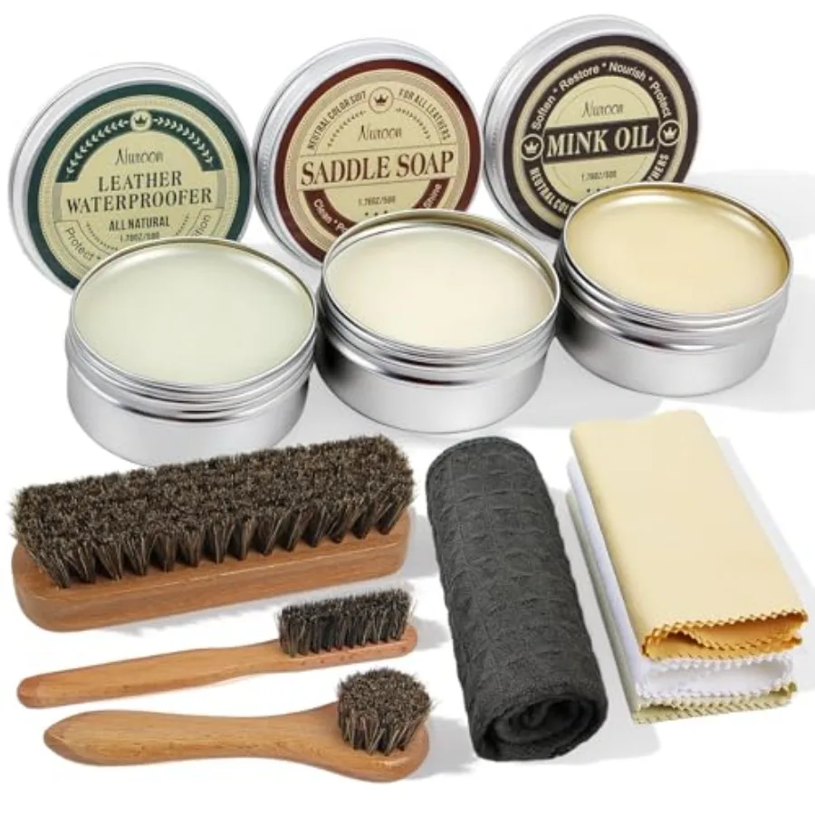 Nuroon 10Pcs Leather Care Kit- 3Pcs Horsehair Brushes, 1.76oz Saddle Soap, 1.76oz Mink Oil and Wax Waterproofer
Nuroon 10Pcs Leather Care Kit- 3Pcs Horsehair Brushes, 1.76oz Saddle Soap, 1.76oz Mink Oil and Wax Waterproofer