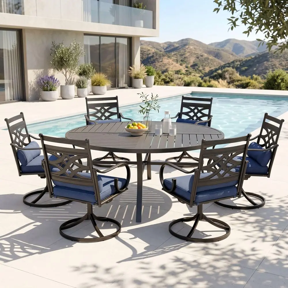 7 Pieces Outdoor Dining Set for 6, 54 Round Black Metal Table with Umbrella Hole amp Wrought Iron Swivel Chairs, Large Outside
7 Pieces Outdoor Dining Set for 6, 54 Round Black Metal Table with Umbrella Hole amp Wrought Iron Swivel Chairs, Large Outside