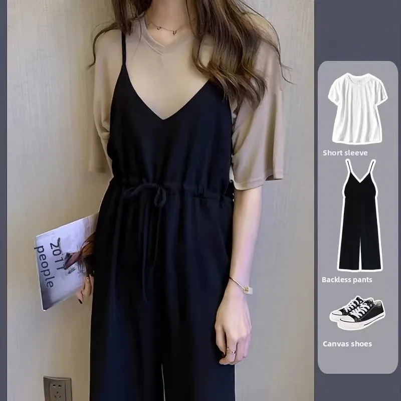 Loose Women's Summer Thin Wide Leg Pants Set Nine Points Strap Pants Slimming Effect Commute Style Short Sleeve round Neck
Loose Women's Summer Thin Wide Leg Pants Set Nine Points Strap Pants Slimming Effect Commute Style Short Sleeve round Neck