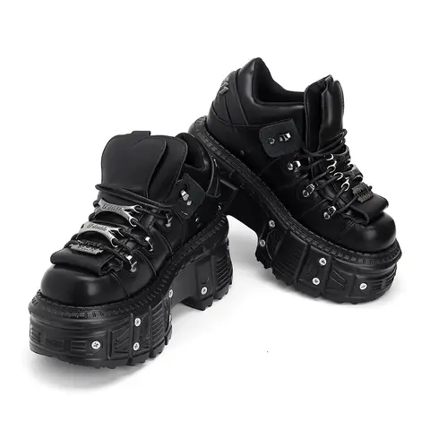 New Punk Style Women Shoes Lace-up Heel Height 6CM Platform Shoes Woman Gothic Ankle Rock Boots Metal Decor Woman Sneakers