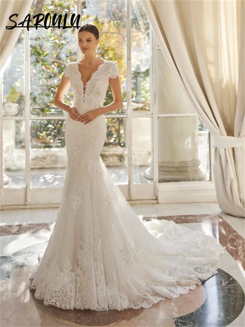 Classic Short Sleeves Wedding Gown Lace Mermaid Long Bride Dress V Neck Women Bridal Gown Custom Made Robe De Mariee
Classic Short Sleeves Wedding Gown Lace Mermaid Long Bride Dress V Neck Women Bridal Gown Custom Made Robe De Mariee