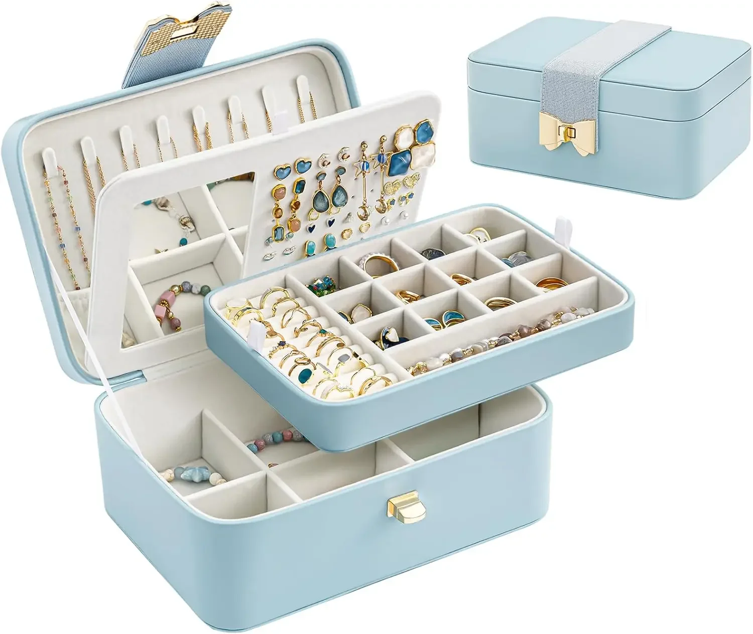 2Layer Jewelry Box for Teen Girls & Young Women,Jewelry Organizer with Bow Clasp and Mirror for Earrings Rings Necklaces Storage
2Layer Jewelry Box for Teen Girls & Young Women,Jewelry Organizer with Bow Clasp and Mirror for Earrings Rings Necklaces Storage