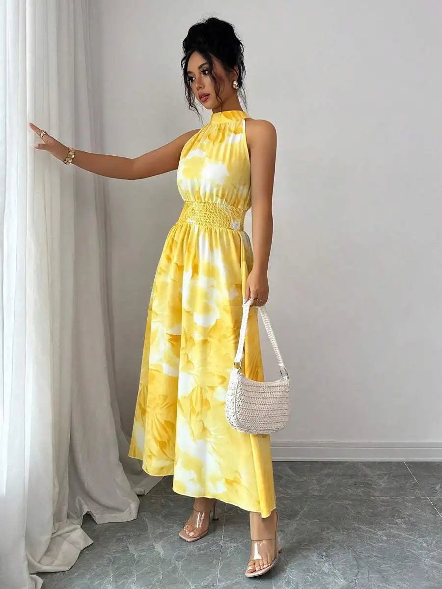 Yellow White Floral Tie-Dye Sleeveless Halter Maxi Dress With Smocked Waist And A-Line Flowy Silhouette
Yellow White Floral Tie-Dye Sleeveless Halter Maxi Dress With Smocked Waist And A-Line Flowy Silhouette