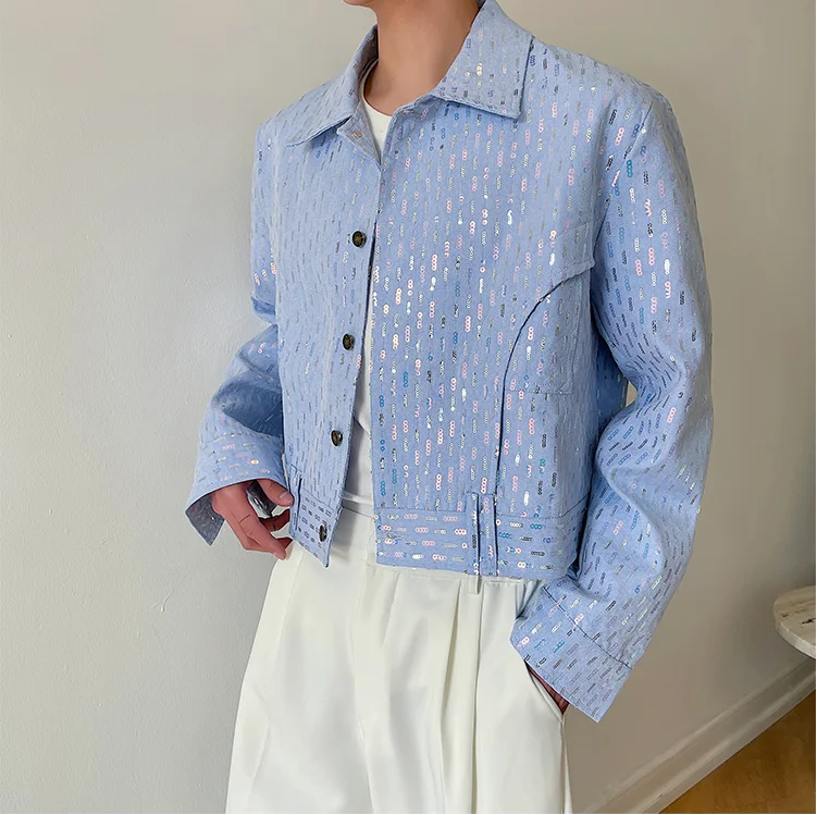 Fashionable Short Blue Sequin Jacket for Men Spring Autumn Stylish Design Korean Version Stage Costume Hairdresser Approved
Fashionable Short Blue Sequin Jacket for Men Spring Autumn Stylish Design Korean Version Stage Costume Hairdresser Approved
