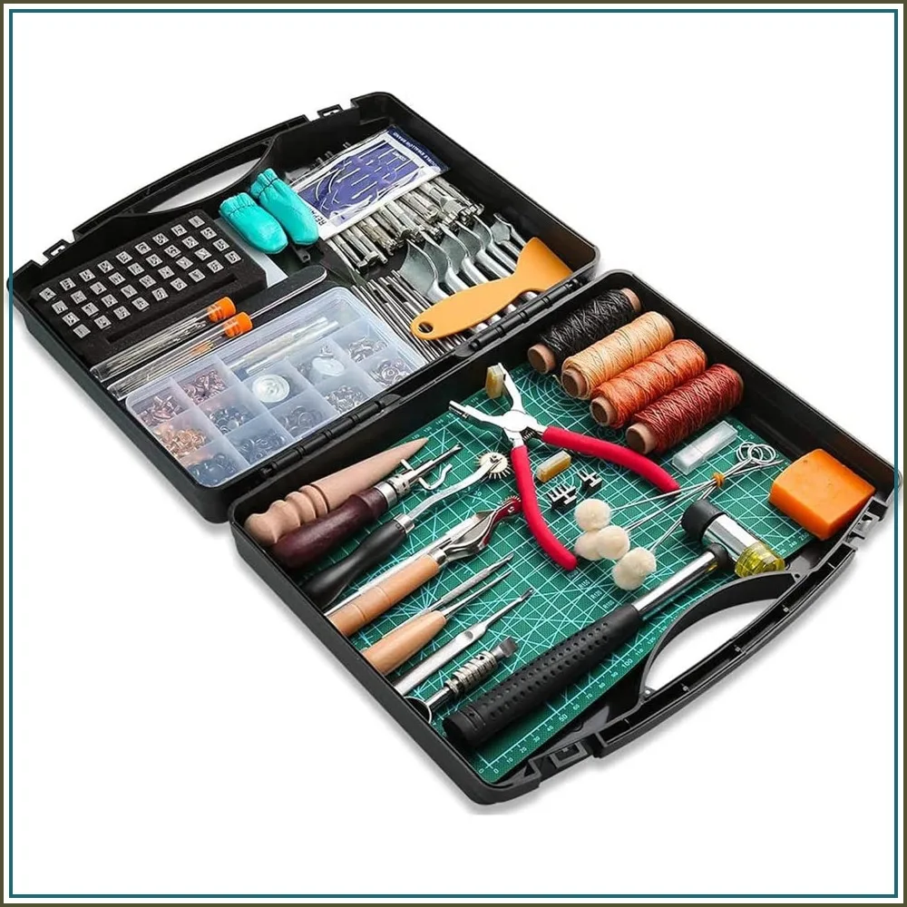 273-Piece Leather Craft Tool Kit with Case, Stamps, Rivets, Hammer, Cutting Mat for Sewing, Stitching, Punching
273-Piece Leather Craft Tool Kit with Case, Stamps, Rivets, Hammer, Cutting Mat for Sewing, Stitching, Punching