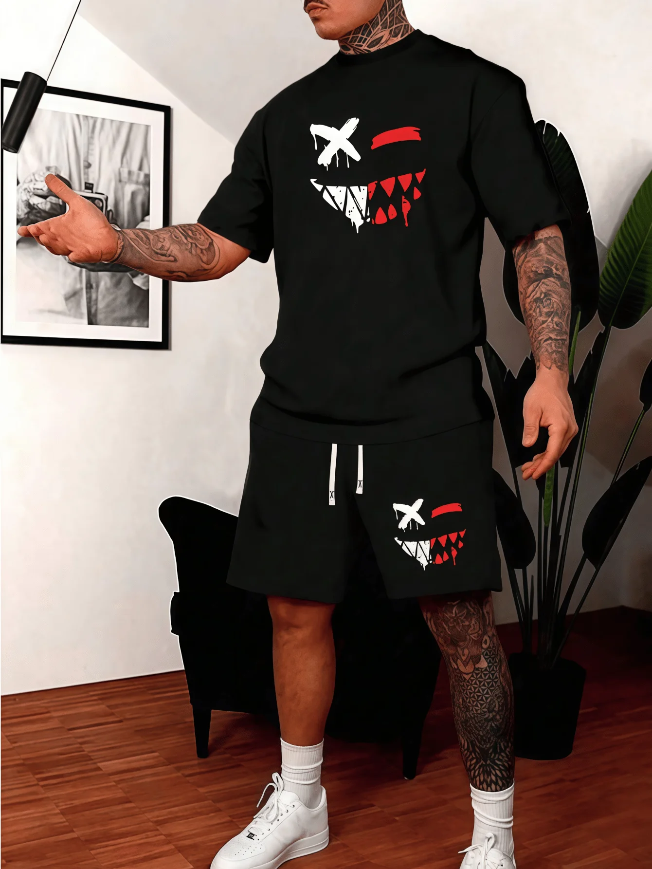Mens Black Printed T-Shirt And Shorts Set Casual Summer Outfit
Mens Black Printed T-Shirt And Shorts Set Casual Summer Outfit