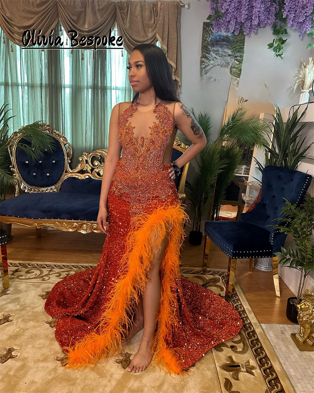 Impressive Orange Sequin Prom Dresses Black Girls Feather Split Beads Rhinestones 2025 Birthday Luxury Dress Cocktail Customized
Impressive Orange Sequin Prom Dresses Black Girls Feather Split Beads Rhinestones 2025 Birthday Luxury Dress Cocktail Customized