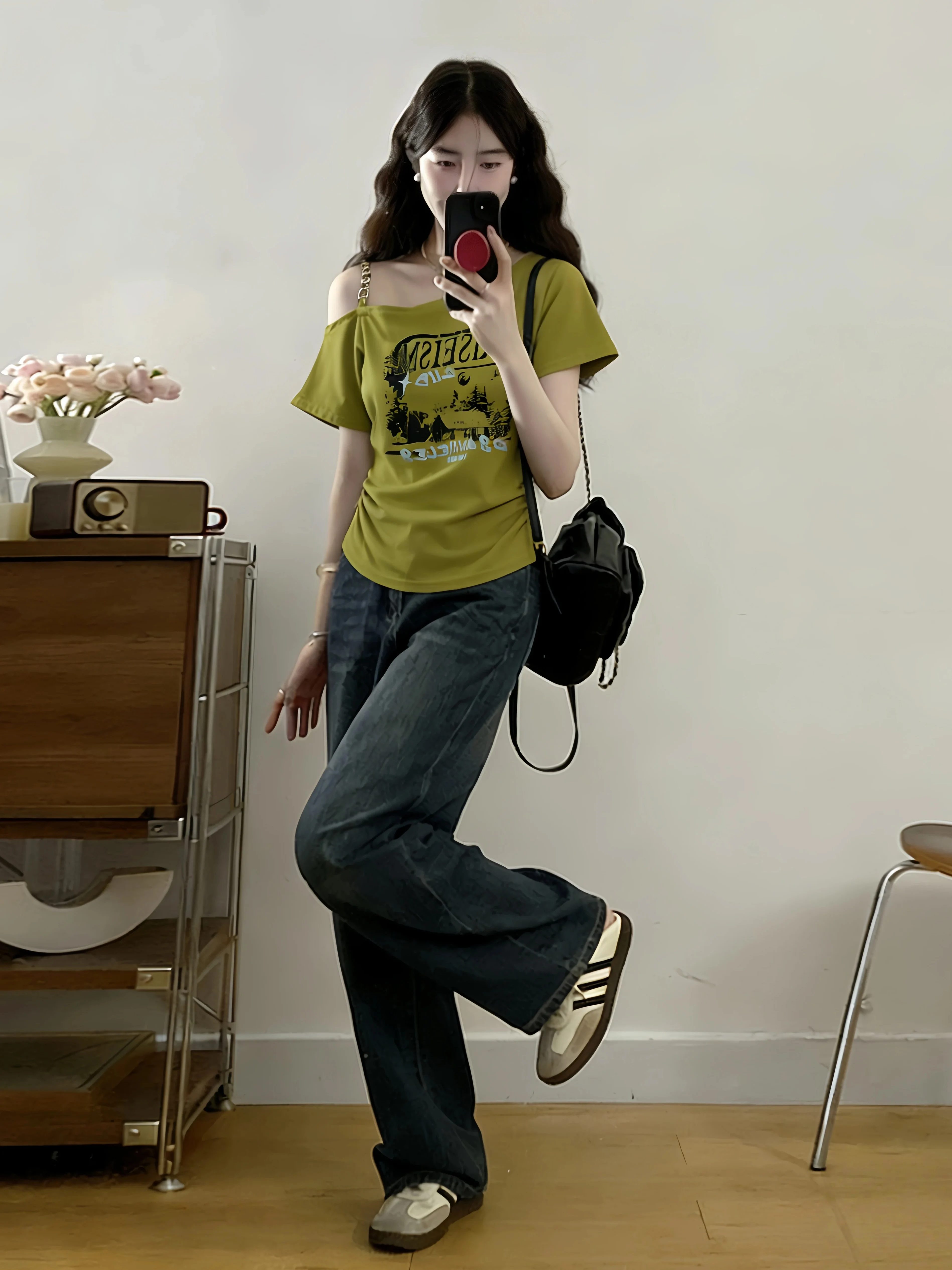 Mustard Green Asymmetrical Shoulder Bared Short Sleeve T Shirt Women's Fashion Summer New plus Size Street Style Top
Mustard Green Asymmetrical Shoulder Bared Short Sleeve T Shirt Women's Fashion Summer New plus Size Street Style Top