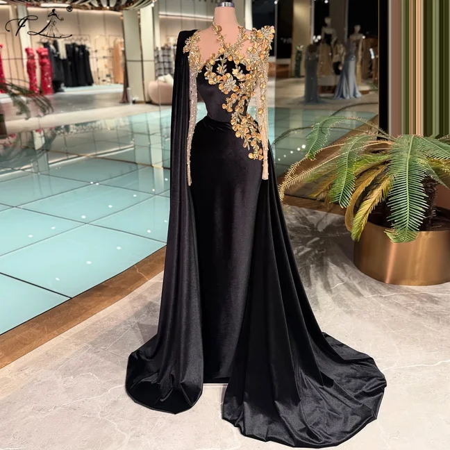 Gold 3d Appliqué Crystal Evening Dress Black Velvet Shawl Train Gown Lace Long-Sleeve Mermaid Dress Formal Occasion Gown Custom
Gold 3d Appliqué Crystal Evening Dress Black Velvet Shawl Train Gown Lace Long-Sleeve Mermaid Dress Formal Occasion Gown Custom