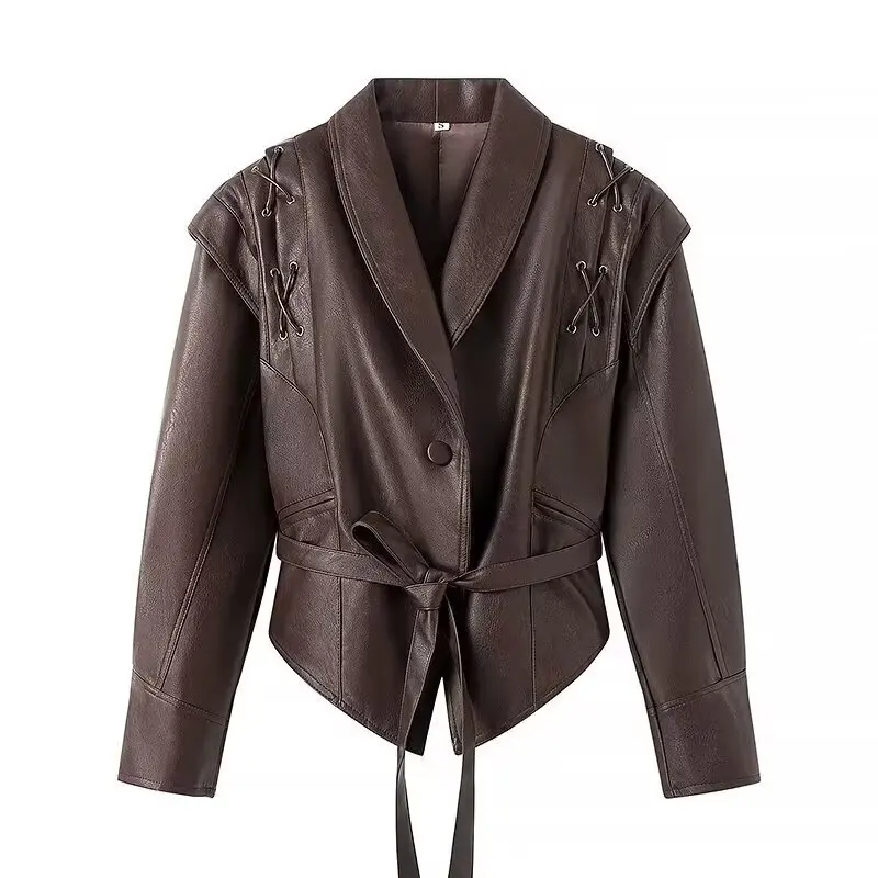 Women's Vintage Brown Faux Leather Jacket Early Spring Lace Up Shoulder One Button Belted Waist Cropped Jacket Street Style
Women's Vintage Brown Faux Leather Jacket Early Spring Lace Up Shoulder One Button Belted Waist Cropped Jacket Street Style
