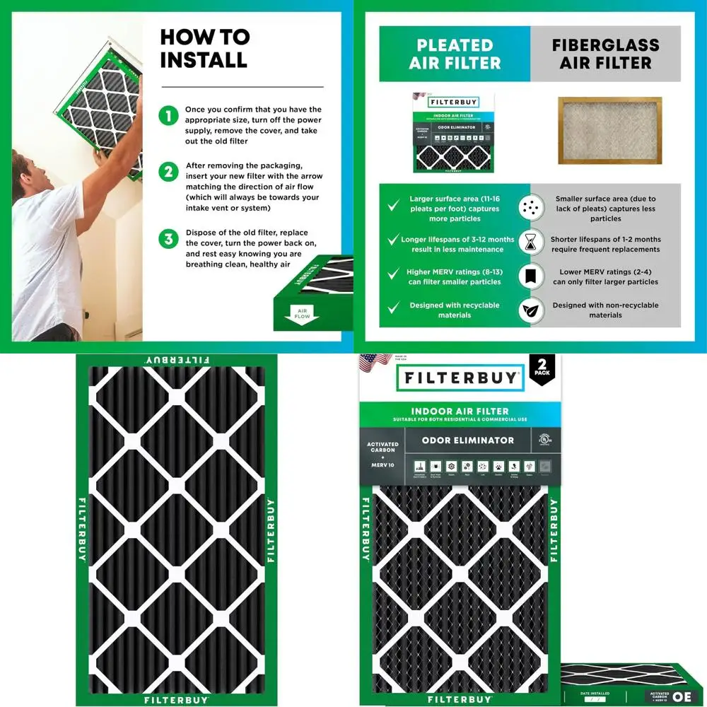 2-Pack MERV 10 Air Filters with Activated Carbon for Odor and Allergy Reduction, HVAC AC Furnace Replacement Filters (Actual Siz
2-Pack MERV 10 Air Filters with Activated Carbon for Odor and Allergy Reduction, HVAC AC Furnace Replacement Filters (Actual Siz