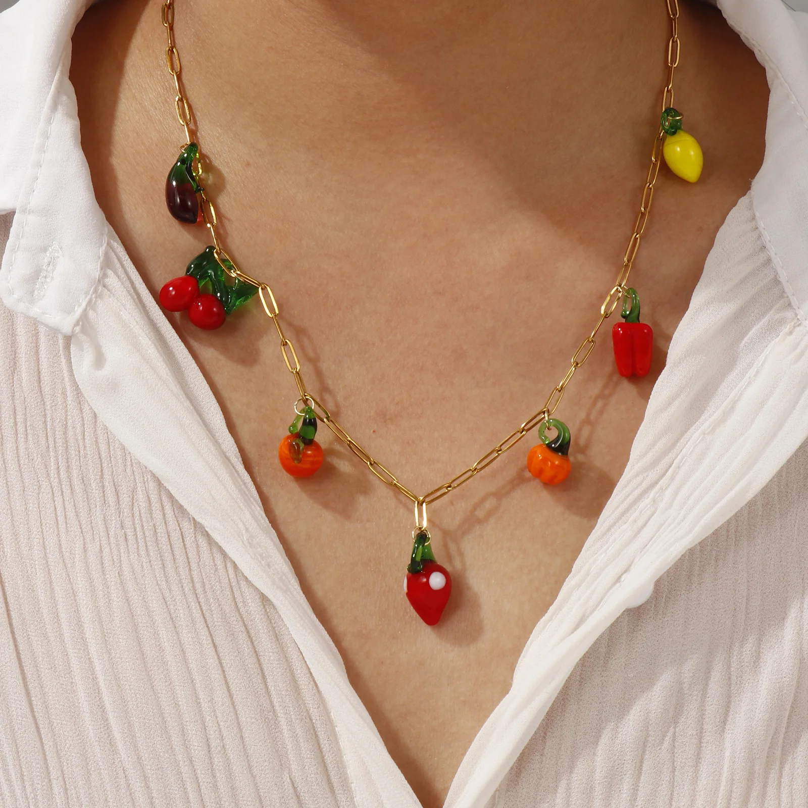 1 Piece 3D Fruit Lampwork Glass Pendant Necklace 304 Stainless Steel Gold Plated Paperclip Link Chain Necklace For Women 60cm 
1 Piece 3D Fruit Lampwork Glass Pendant Necklace 304 Stainless Steel Gold Plated Paperclip Link Chain Necklace For Women 60cm