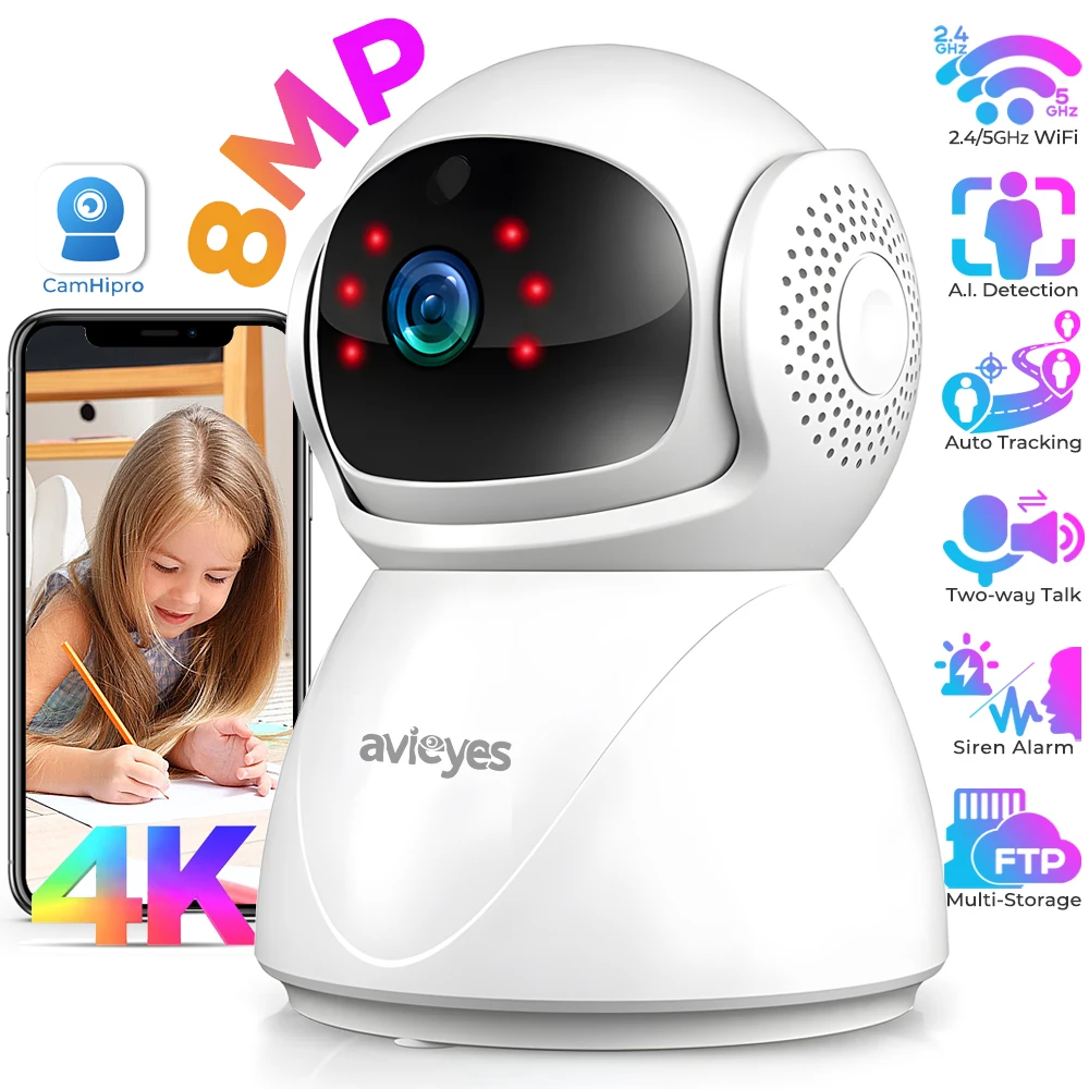 Внутренняя камера безопасности 4K, Wi-Fi камера с панорамированием/наклоном 2,4/5 ГГц для домашней безопасности, камера для домашних животных/собак/детей, ночное видение, двустороннее аудио, 24/7 
Внутренняя камера безопасности 4K, Wi-Fi камера с панорамированием/наклоном 2,4/5 ГГц для домашней безопасности, камера для домашних животных/собак/детей, ночное видение, двустороннее аудио, 24/7
