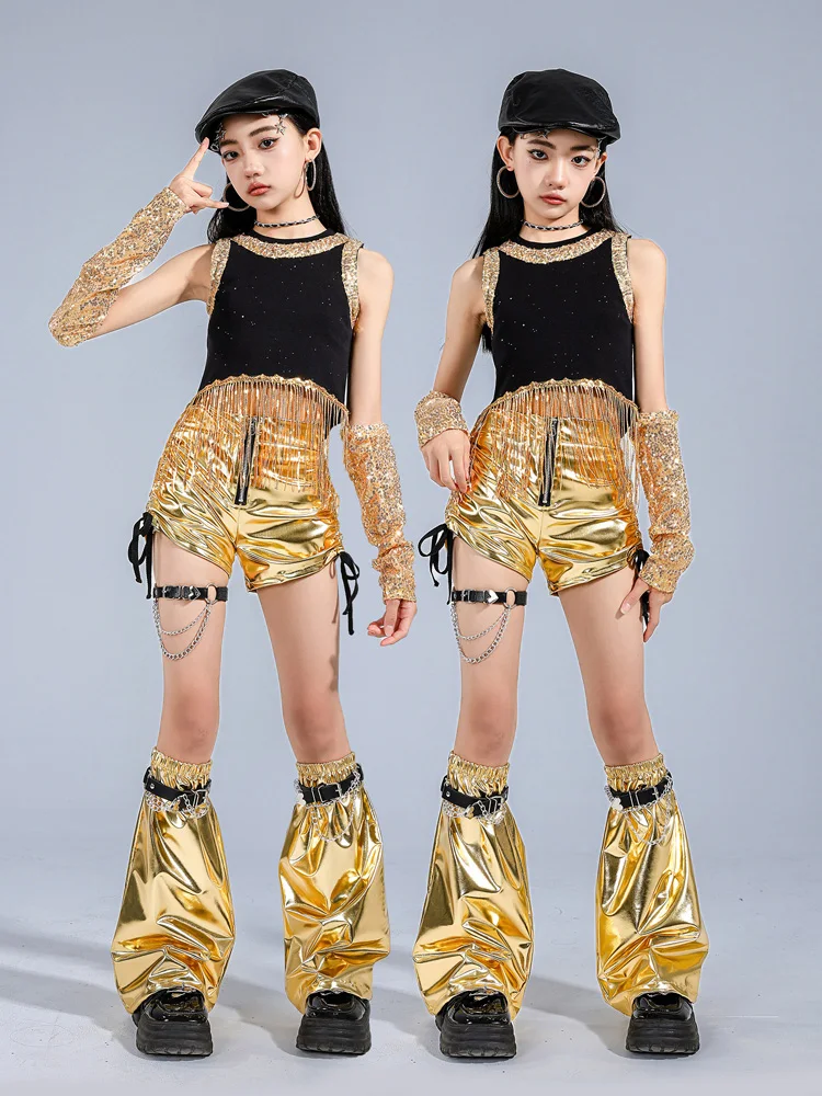 Kid Hip Hop Clothing Black Sequin Fringe Crop Tank Top Side Tie Metallic Gold Shorts for Girl Group Jazz Dance Costume Clothes
Kid Hip Hop Clothing Black Sequin Fringe Crop Tank Top Side Tie Metallic Gold Shorts for Girl Group Jazz Dance Costume Clothes