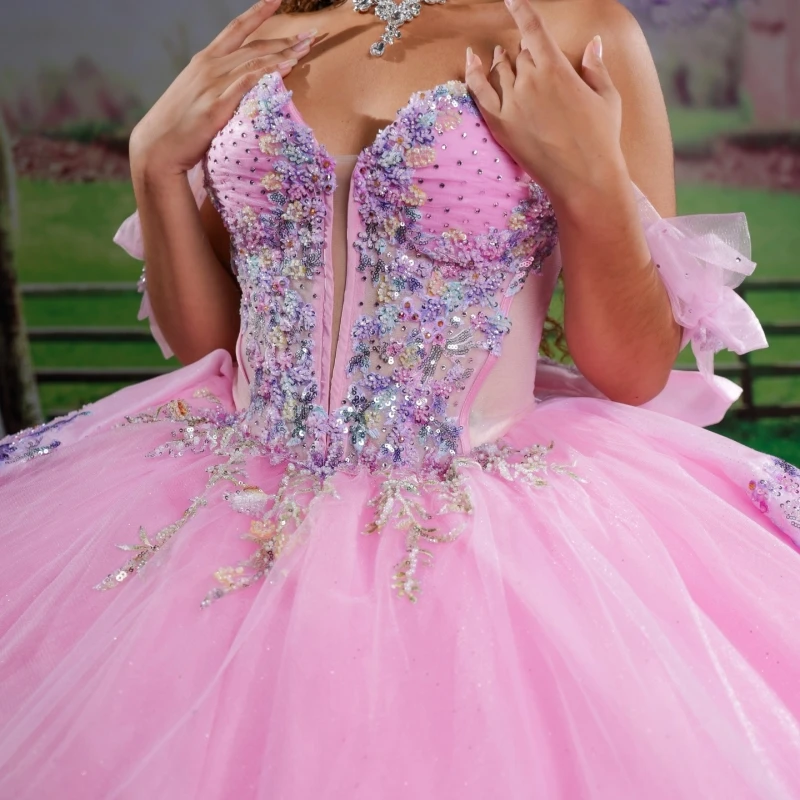 Pink Shiny Ball Gown Quinceanera Dresses Applique Lace Beading Crystal Bow Tull Corset Off Shoulder Sweet 16 Dress vestidos 15
Pink Shiny Ball Gown Quinceanera Dresses Applique Lace Beading Crystal Bow Tull Corset Off Shoulder Sweet 16 Dress vestidos 15