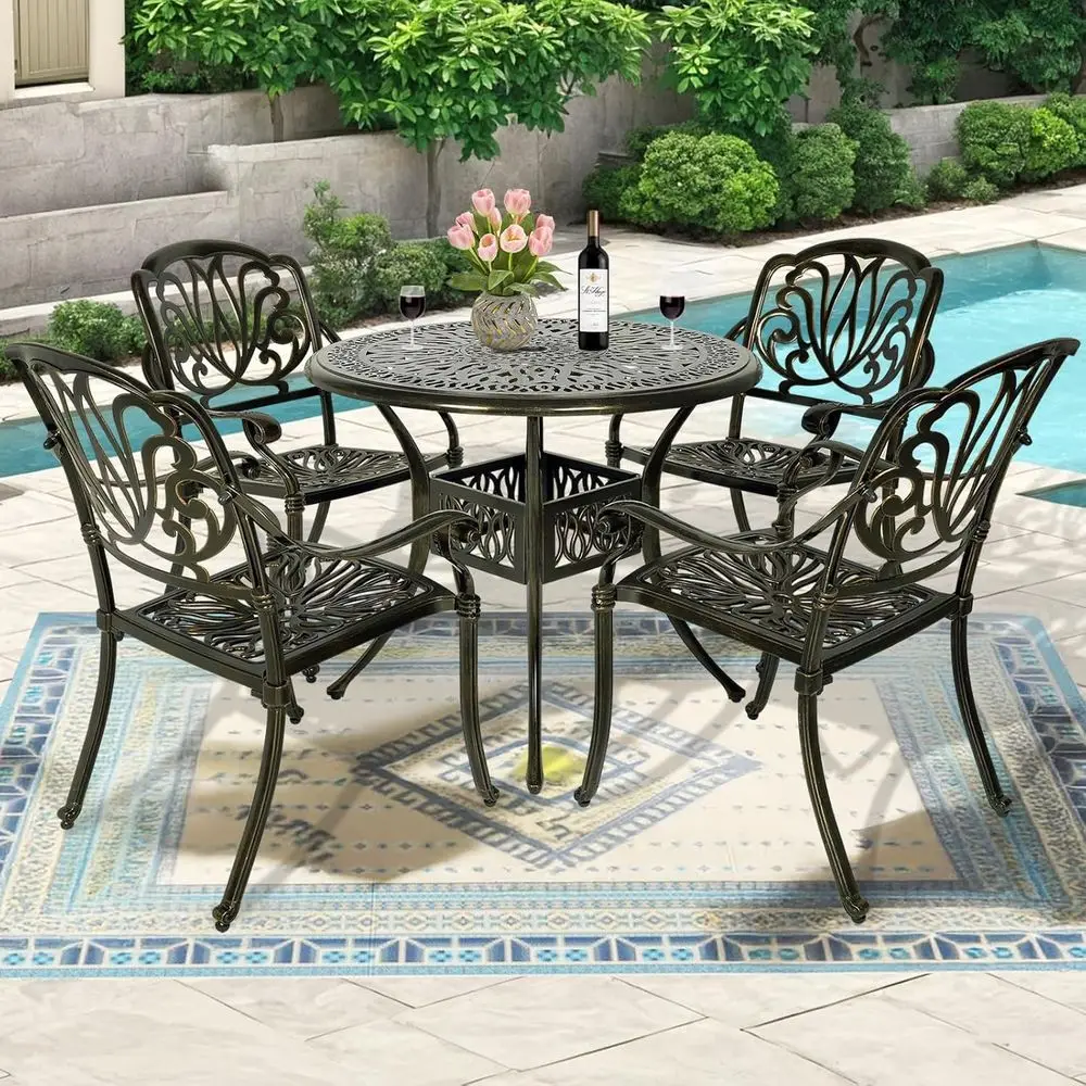 All-Weather 5-Piece Patio Dining Set with Cast Aluminum Table and Chairs for Outdoor Garden or Deck
All-Weather 5-Piece Patio Dining Set with Cast Aluminum Table and Chairs for Outdoor Garden or Deck