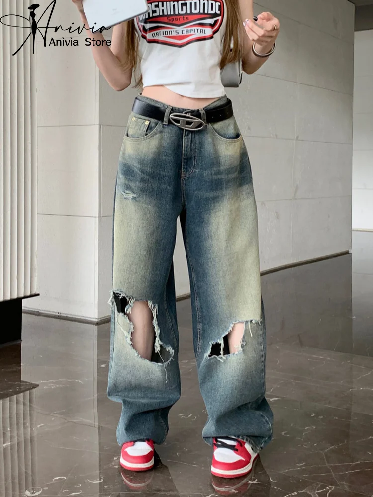 Harajuku Streetwear Retro Fashion Women High Waist Jeans Blue/Grey Hole Wide Leg Straight Loose Denim Trousers Y2K Baggy Pants
Harajuku Streetwear Retro Fashion Women High Waist Jeans Blue/Grey Hole Wide Leg Straight Loose Denim Trousers Y2K Baggy Pants