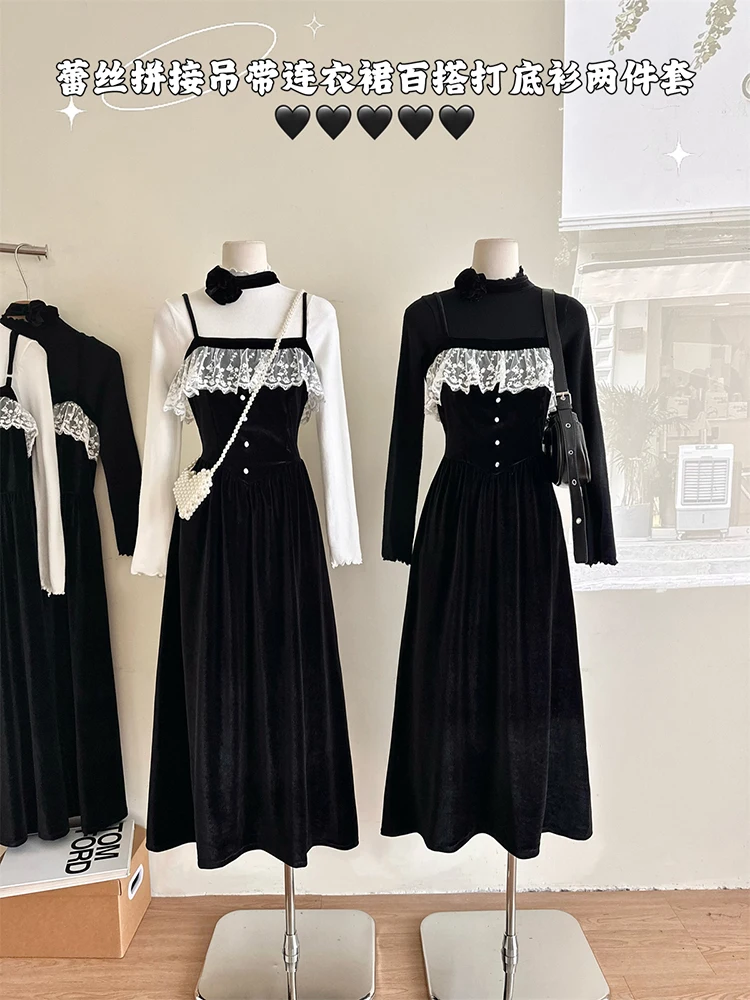 2024 Spring New Gentle Versatile Long sleeved Bottom Shirt + Lace Patchwork Velvet Suspender Dress Fashion Two-piece Set
2024 Spring New Gentle Versatile Long sleeved Bottom Shirt + Lace Patchwork Velvet Suspender Dress Fashion Two-piece Set