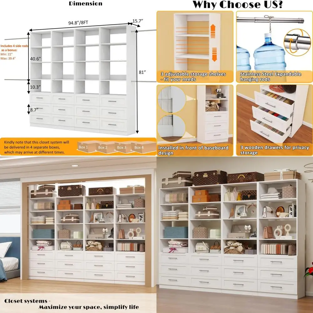 Wooden 8-Tier Storage System for Small Walk-In Closets with Hanging Rods, White
Wooden 8-Tier Storage System for Small Walk-In Closets with Hanging Rods, White