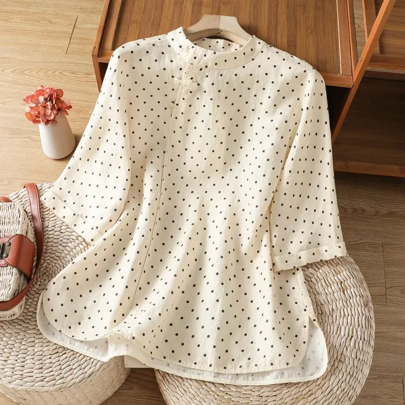 Women's Chinese Style Polka Dot Stand Collar Linen Blend 3/4 Sleeve Loose Casual Blouse
Women's Chinese Style Polka Dot Stand Collar Linen Blend 3/4 Sleeve Loose Casual Blouse