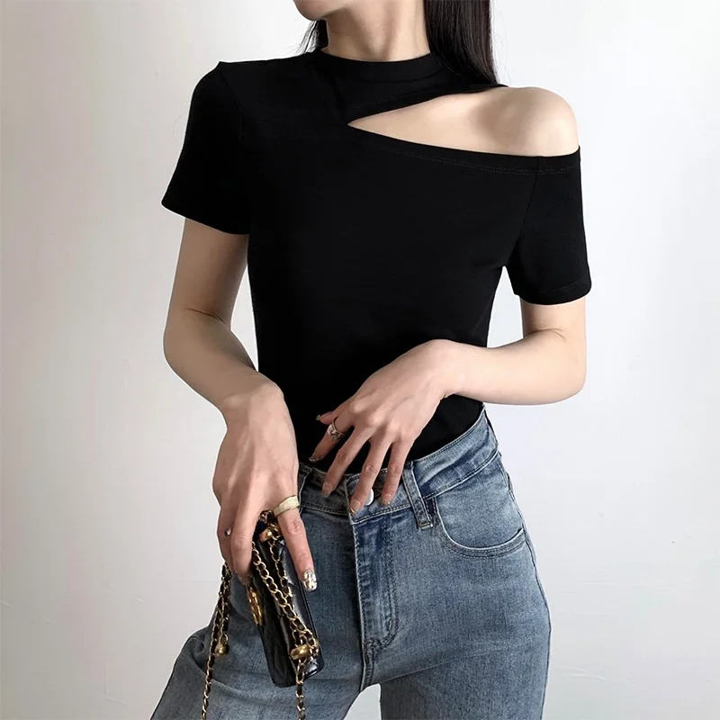 Shoulder Baring Short Sleeve Women's Summer Base Shirt Black Neck Hanging Design Sexy Side Shoulder T-Shirt Commute Style Cot...
Shoulder Baring Short Sleeve Women's Summer Base Shirt Black Neck Hanging Design Sexy Side Shoulder T-Shirt Commute Style Cot...