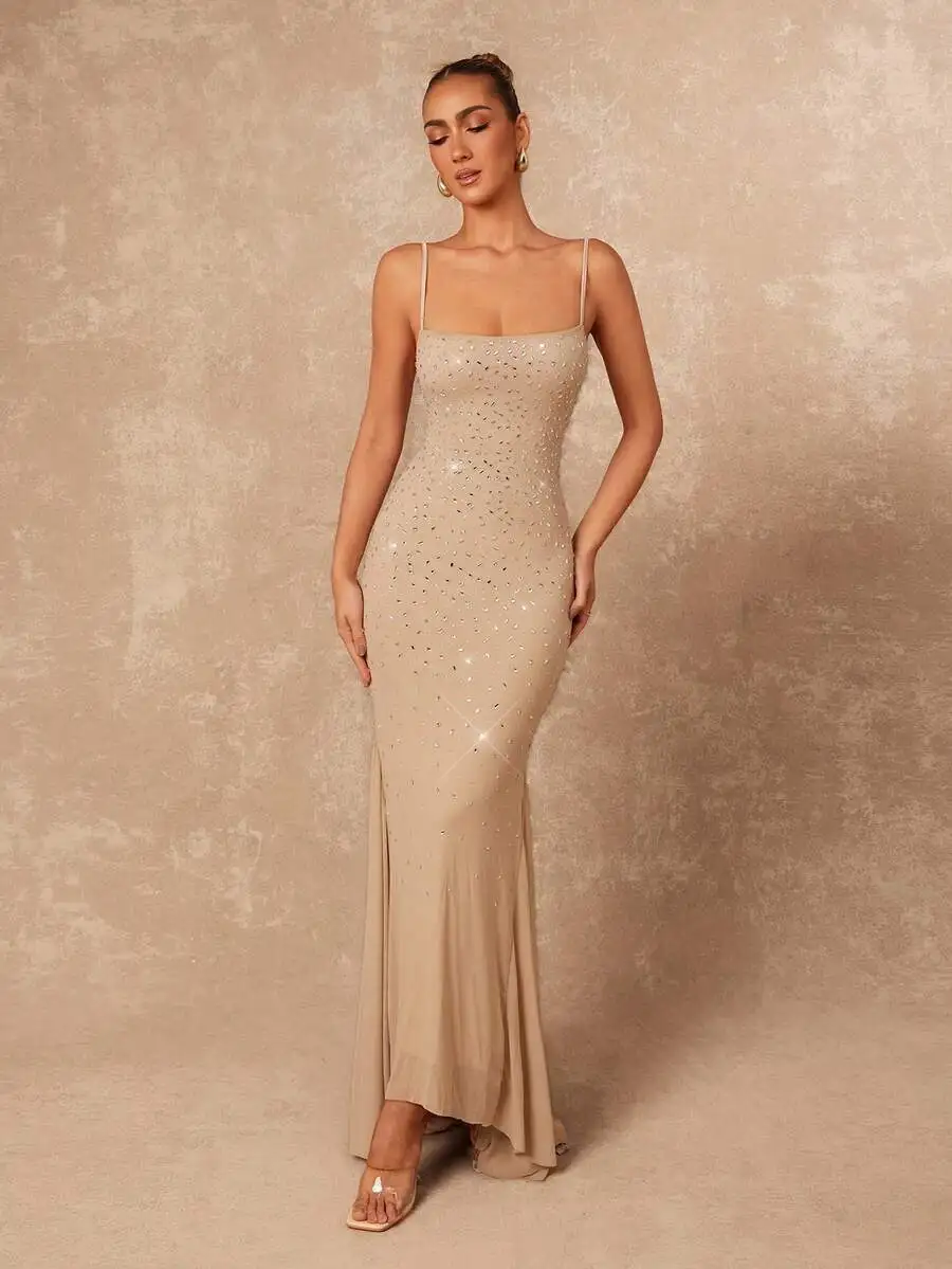 Champagne Rhinestone Mermaid Dress With Spaghetti Straps Bodycon Fishtail Hem For Women Party Formal Evening Gown
Champagne Rhinestone Mermaid Dress With Spaghetti Straps Bodycon Fishtail Hem For Women Party Formal Evening Gown
