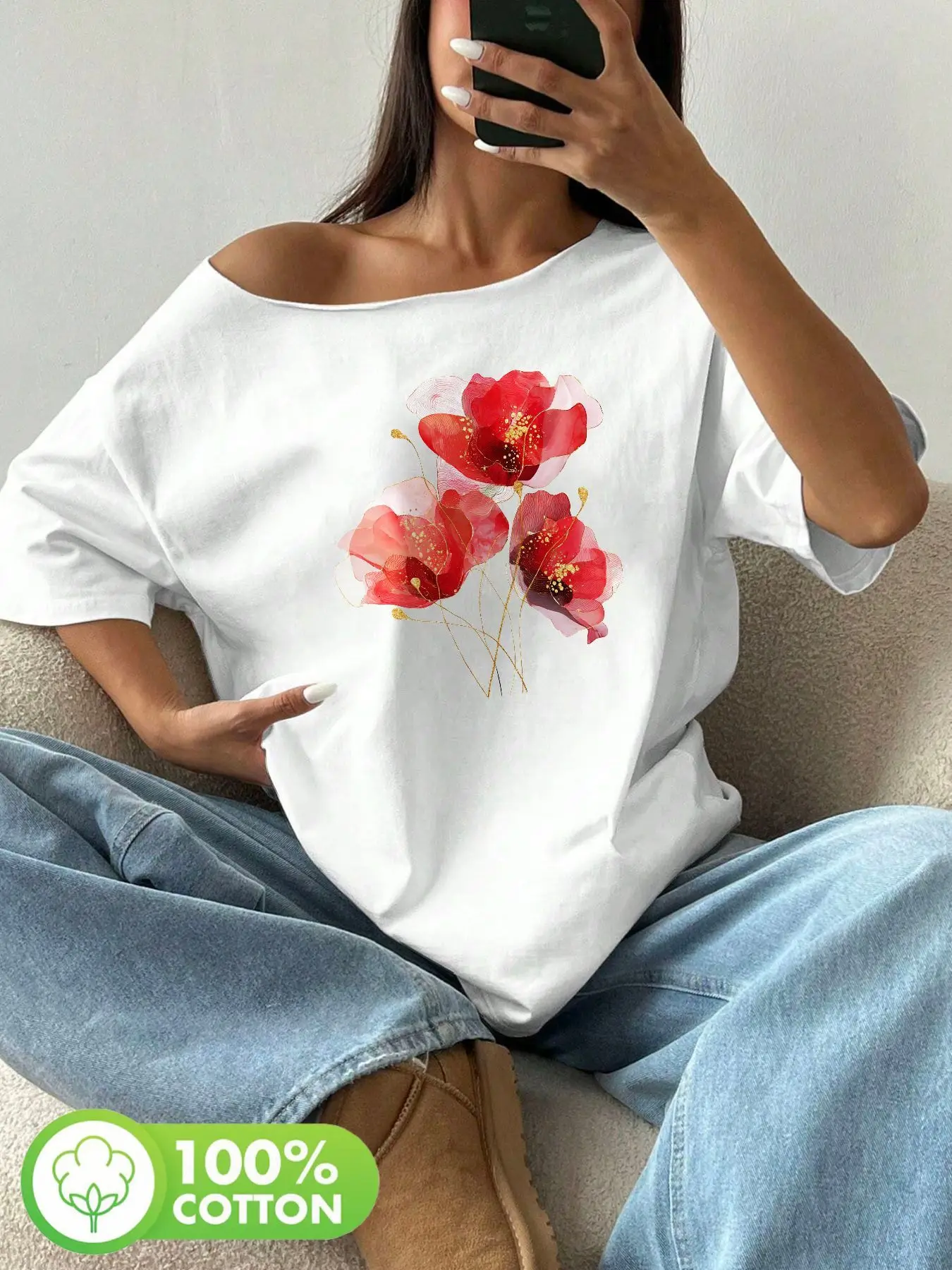 Plus Size 100% Cotton Shoulder Loose Print T-Shirt Oversized Y2K Style Graphic Tees Women Tops Summer Off The Shoulder Top Fl
Plus Size 100% Cotton Shoulder Loose Print T-Shirt Oversized Y2K Style Graphic Tees Women Tops Summer Off The Shoulder Top Fl