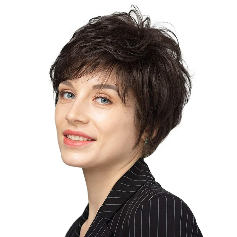 Fashionable , fluffy straight , slightly wavy, realistic black short hair with side bangs, wig cap
Fashionable , fluffy straight , slightly wavy, realistic black short hair with side bangs, wig cap