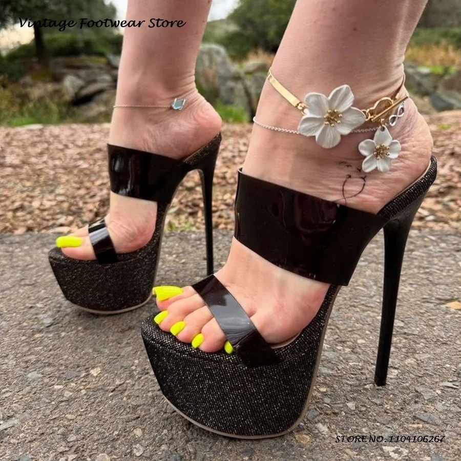 Черные тканевые тапочки на платформе с блестками, летние женские модельные туфли из лакированной кожи с круглым вырезом и открытым носком на очень высоком каблуке
Черные тканевые тапочки на платформе с блестками, летние женские модельные туфли из лакированной кожи с круглым вырезом и открытым носком на очень высоком каблуке