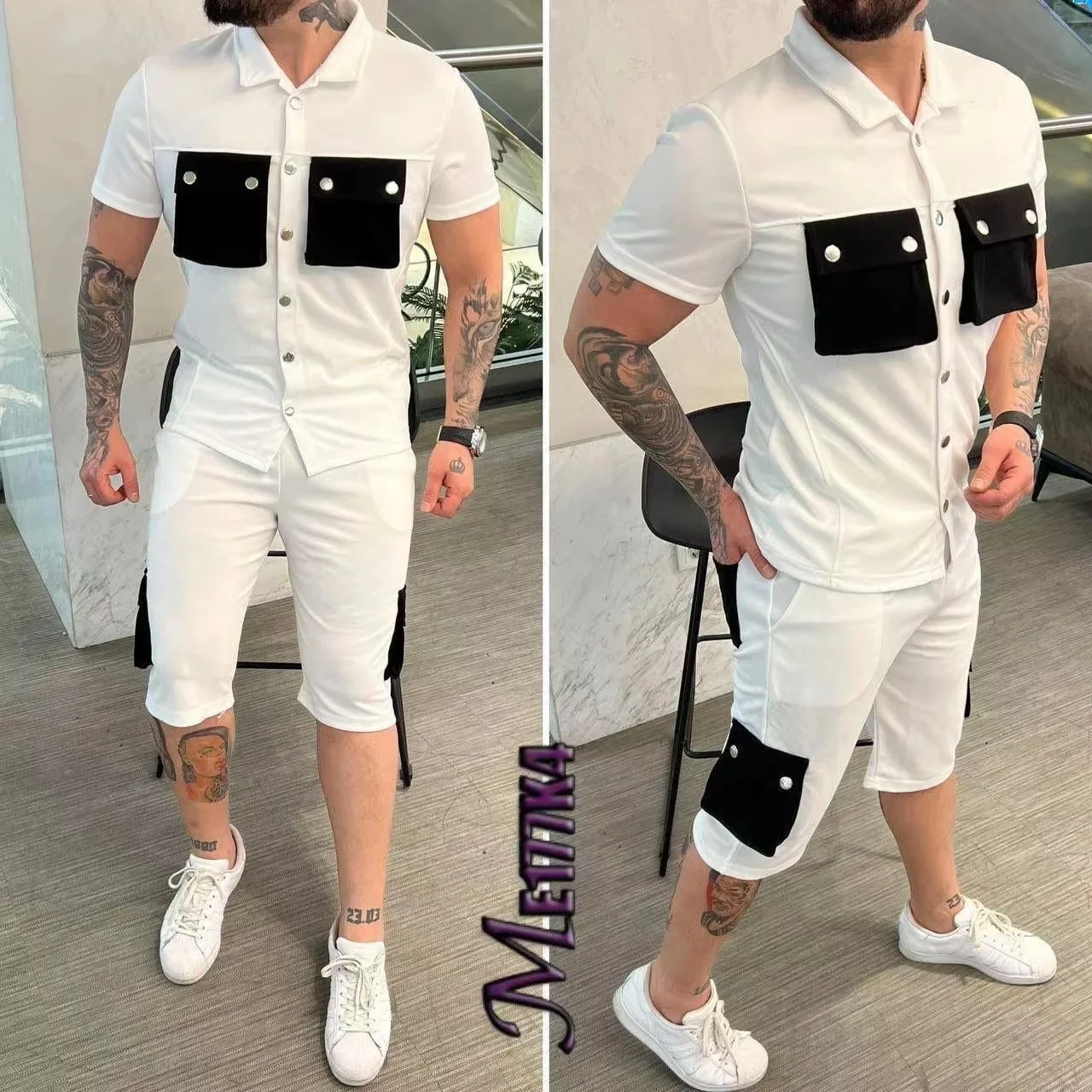 New European American Men Suit Summer Multi Pockets Patchwork Fabric Solid Buttons Cargo Shirt Short Sleeve Shorts Two-Piece Set
New European American Men Suit Summer Multi Pockets Patchwork Fabric Solid Buttons Cargo Shirt Short Sleeve Shorts Two-Piece Set