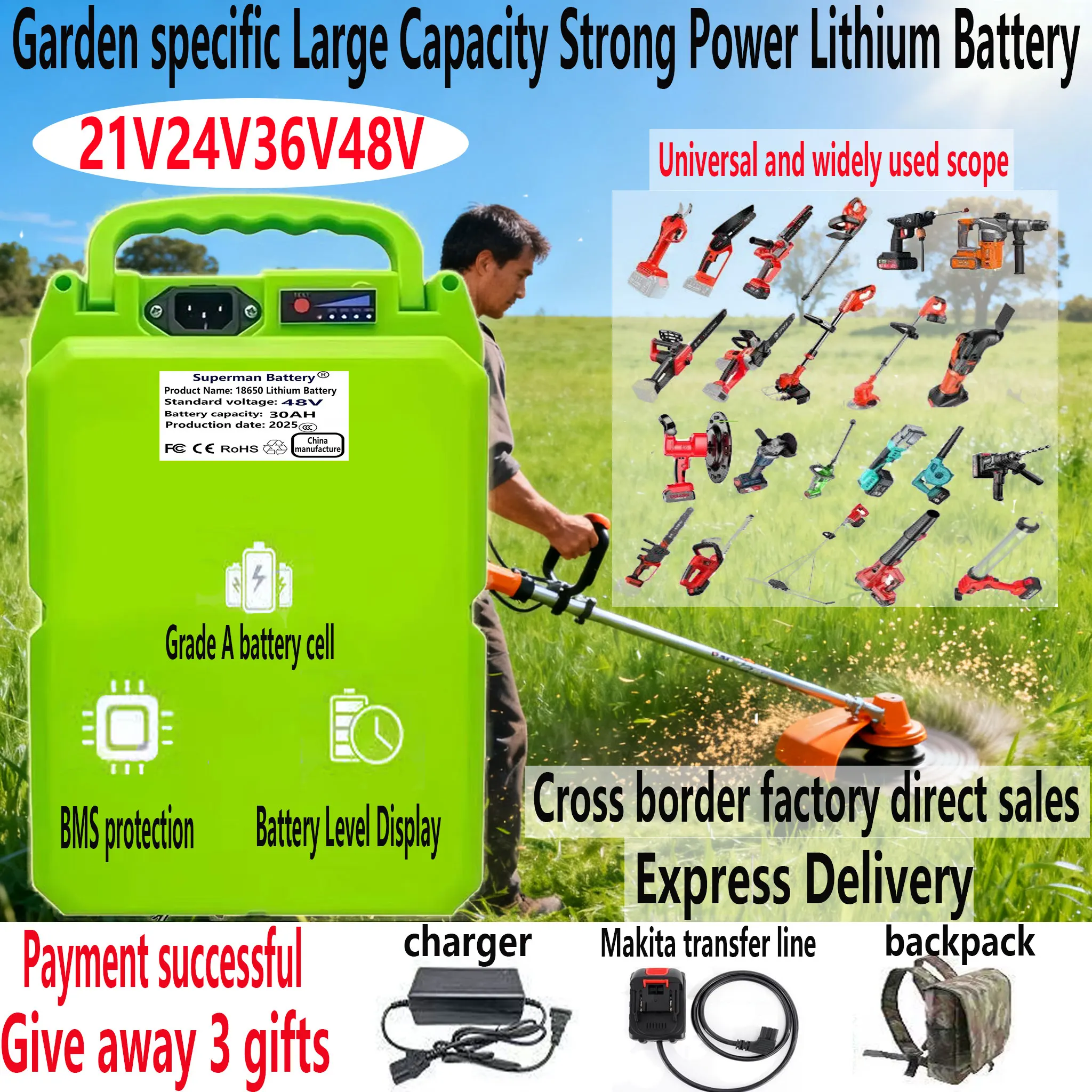 Long endurance 21V24V36V48V backpack 18650 lithium battery garden specific lawn mower, hair dryer, electric saw, water pump
Long endurance 21V24V36V48V backpack 18650 lithium battery garden specific lawn mower, hair dryer, electric saw, water pump