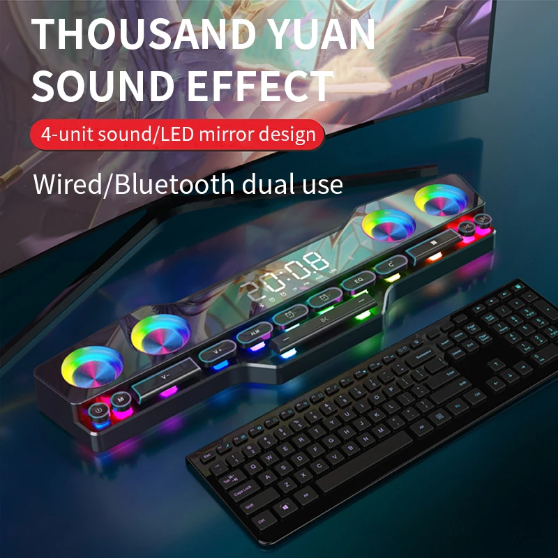 RGB Bluetooth Wireless Esport Sound Bar Portable Desktop Computer 4D Stereo Subwoofer AUX PC Home Clock Indoor SoundBar FM RADIO
RGB Bluetooth Wireless Esport Sound Bar Portable Desktop Computer 4D Stereo Subwoofer AUX PC Home Clock Indoor SoundBar FM RADIO
